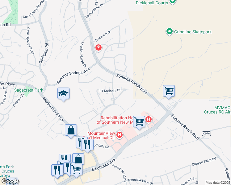 map of restaurants, bars, coffee shops, grocery stores, and more near 601 La Melodia Drive in Las Cruces