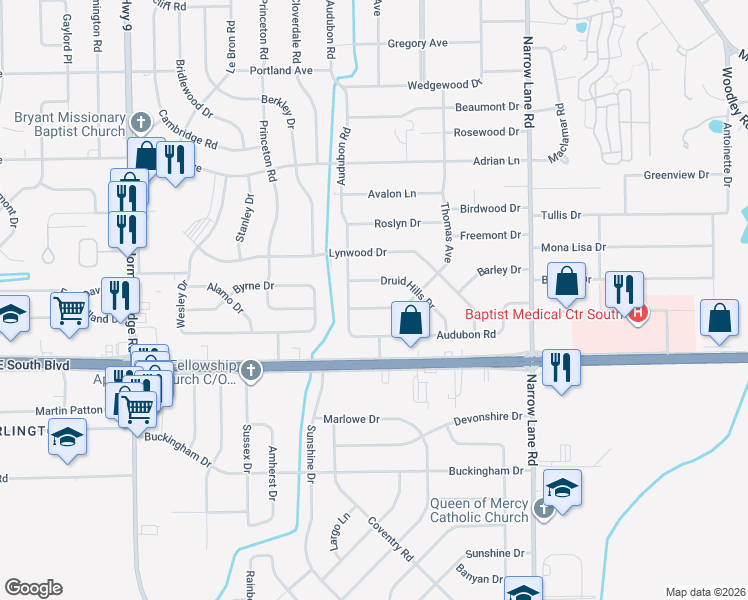 map of restaurants, bars, coffee shops, grocery stores, and more near 1018 Druid Hills Drive in Montgomery