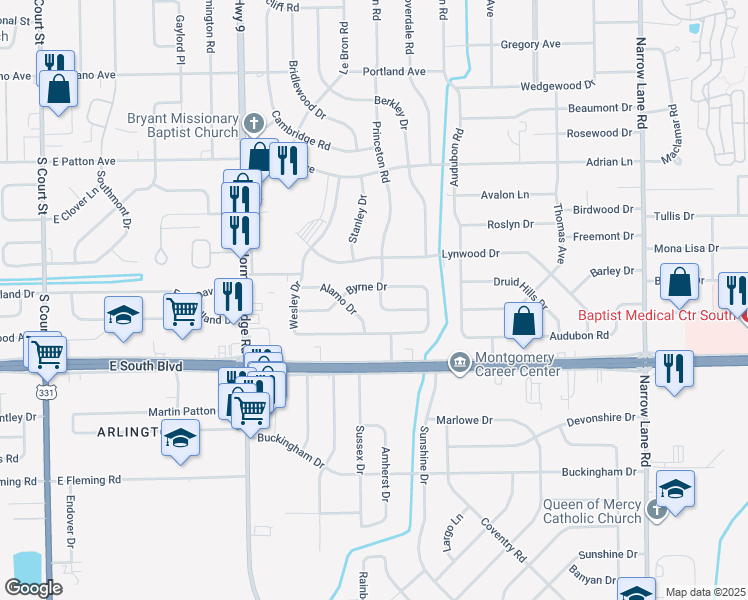 map of restaurants, bars, coffee shops, grocery stores, and more near 3908 Princeton Road in Montgomery