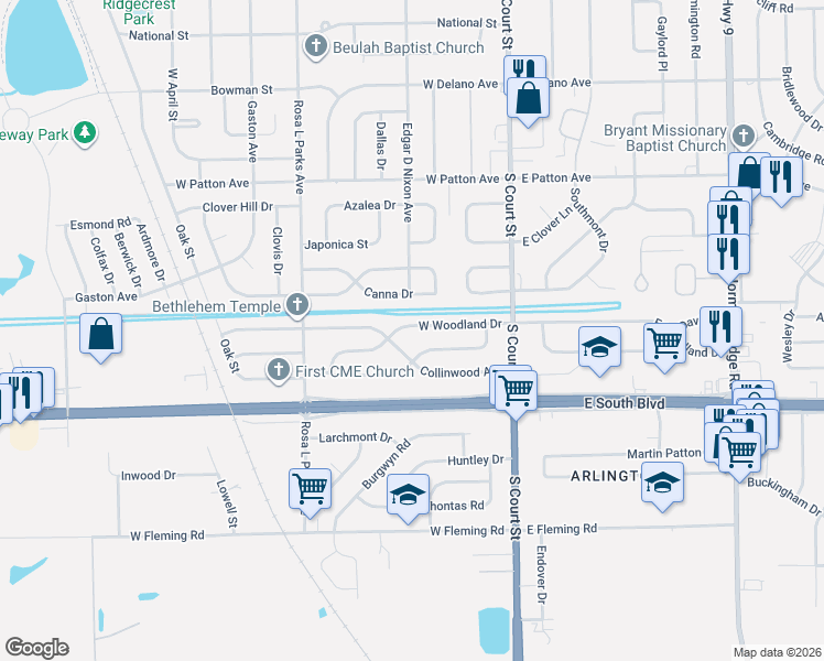 map of restaurants, bars, coffee shops, grocery stores, and more near 162 West Woodland Drive in Montgomery