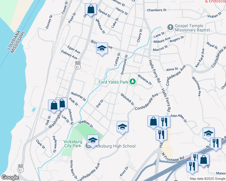 map of restaurants, bars, coffee shops, grocery stores, and more near 3024 2nd Street in Vicksburg