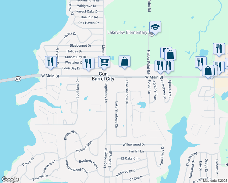 map of restaurants, bars, coffee shops, grocery stores, and more near 112 Lake Shadows Circle in Gun Barrel City