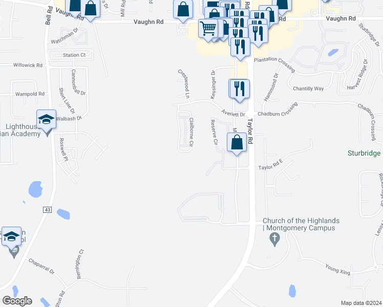 map of restaurants, bars, coffee shops, grocery stores, and more near 3736 Claiborne Circle in Montgomery