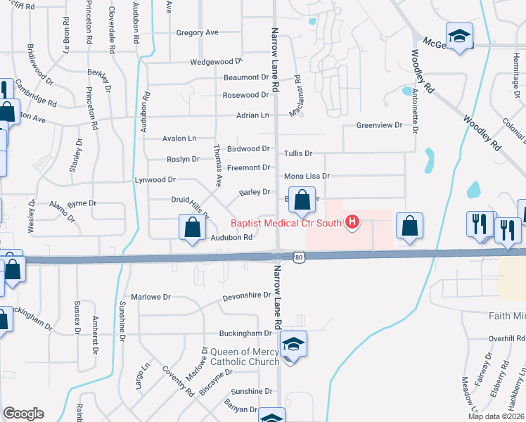 map of restaurants, bars, coffee shops, grocery stores, and more near 1451 Audubon Road in Montgomery