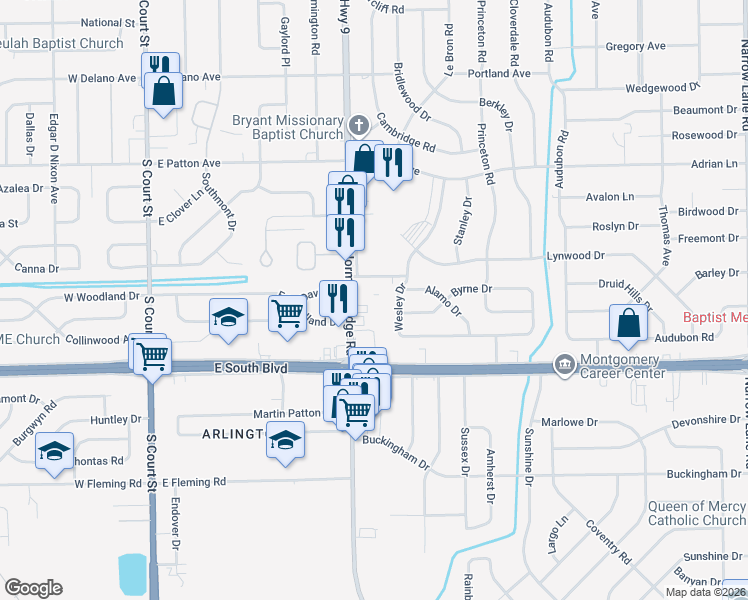 map of restaurants, bars, coffee shops, grocery stores, and more near 511 Winston Drive in Montgomery