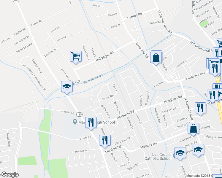 map of restaurants, bars, coffee shops, grocery stores, and more near 2116 Windsor Place in Las Cruces