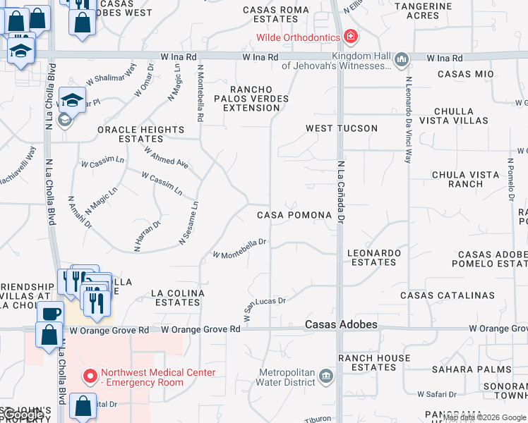 map of restaurants, bars, coffee shops, grocery stores, and more near 6805 North Pomona Road in Tucson