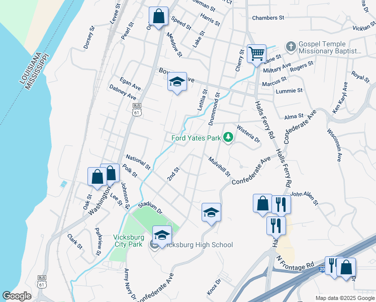 map of restaurants, bars, coffee shops, grocery stores, and more near 3024 2nd Street in Vicksburg
