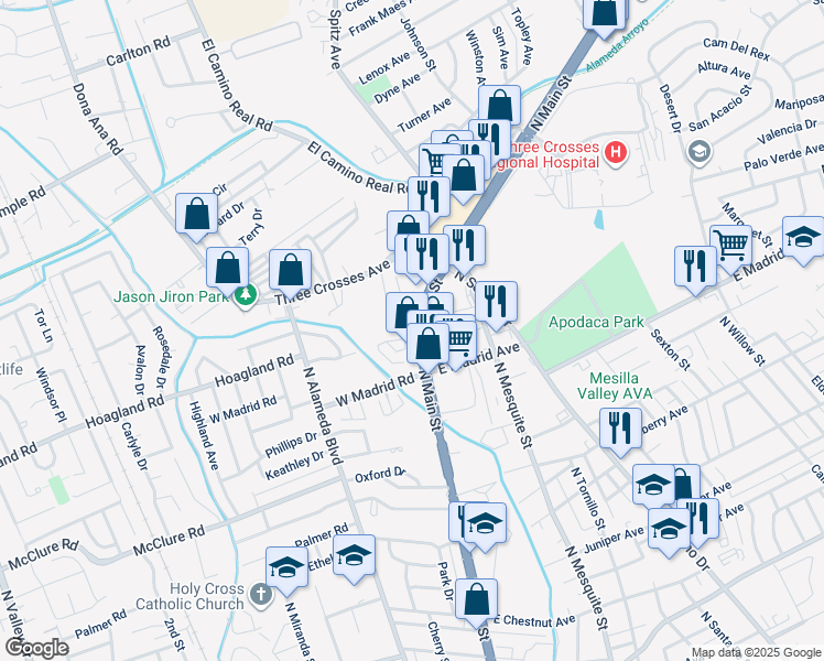 map of restaurants, bars, coffee shops, grocery stores, and more near 2400 North Main Street in Las Cruces