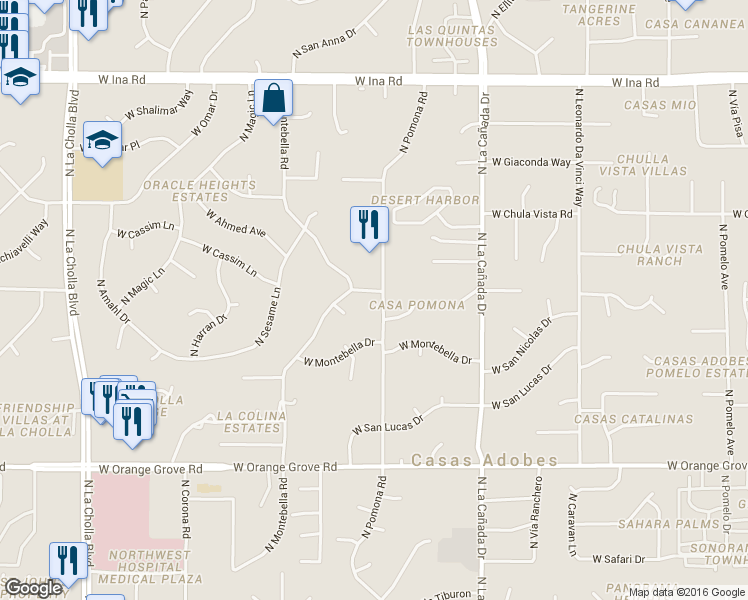 map of restaurants, bars, coffee shops, grocery stores, and more near 6805 North Pomona Road in Tucson