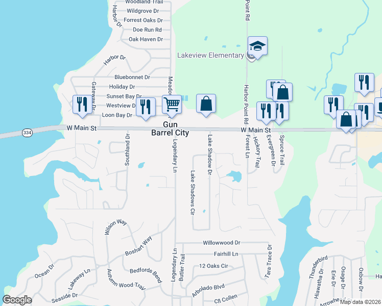 map of restaurants, bars, coffee shops, grocery stores, and more near 112 Lake Shadows Circle in Gun Barrel City