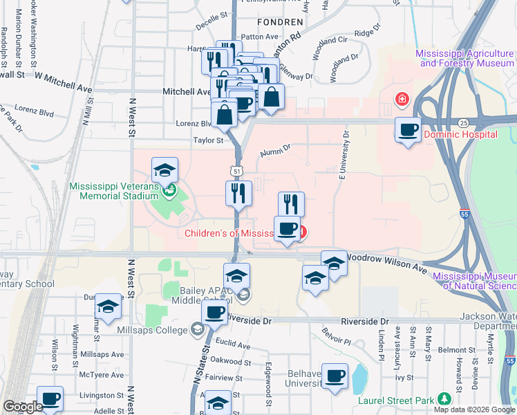 map of restaurants, bars, coffee shops, grocery stores, and more near 2500 North State Street in Jackson
