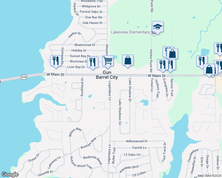map of restaurants, bars, coffee shops, grocery stores, and more near 120 Legendary Lane in Gun Barrel City