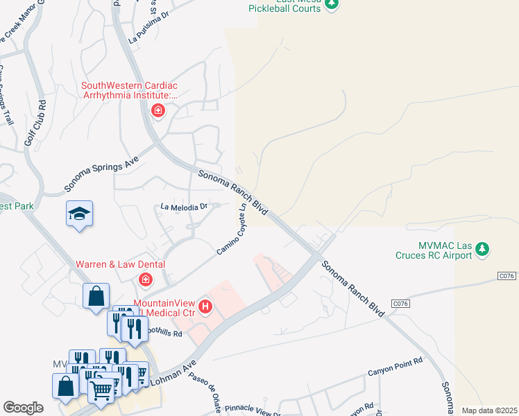 map of restaurants, bars, coffee shops, grocery stores, and more near Sonoma Ranch Boulevard South in Las Cruces