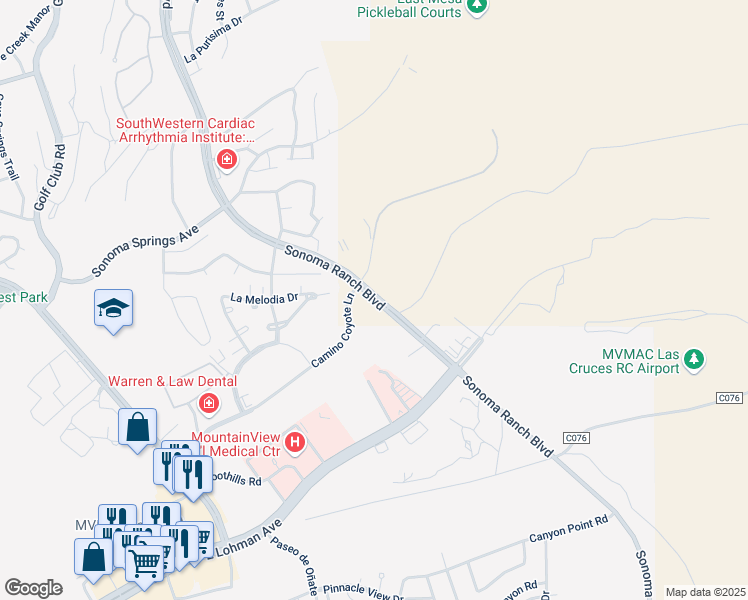 map of restaurants, bars, coffee shops, grocery stores, and more near Sonoma Ranch Boulevard South in Las Cruces