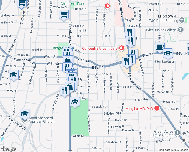 map of restaurants, bars, coffee shops, grocery stores, and more near 419 East 6th Street in Tyler