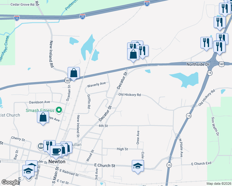 map of restaurants, bars, coffee shops, grocery stores, and more near 801-899 Decatur Street in Newton