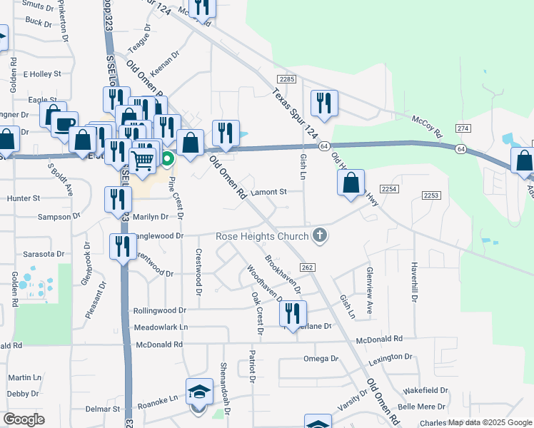 map of restaurants, bars, coffee shops, grocery stores, and more near 1906 Old Omen Road in Tyler