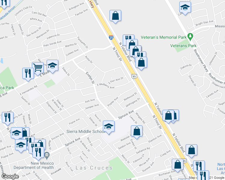 map of restaurants, bars, coffee shops, grocery stores, and more near 1940 East Mulberry Avenue in Las Cruces