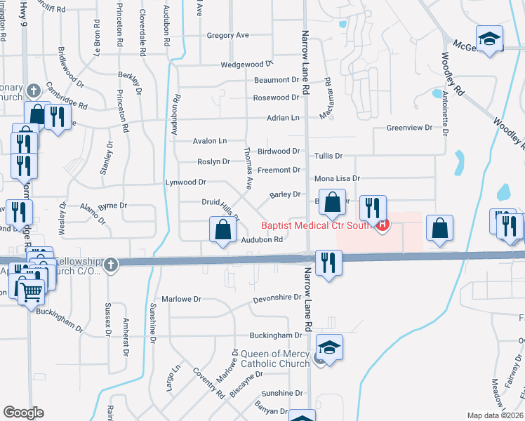 map of restaurants, bars, coffee shops, grocery stores, and more near 1108 Barley Drive in Montgomery