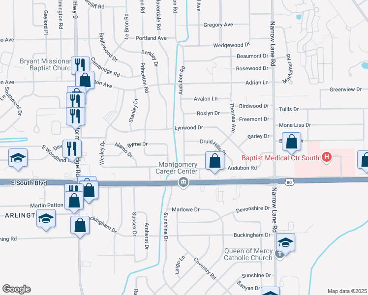 map of restaurants, bars, coffee shops, grocery stores, and more near 3900 East Audubon Road in Montgomery