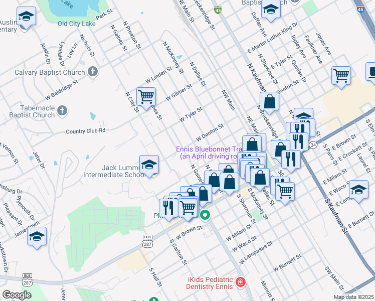 map of restaurants, bars, coffee shops, grocery stores, and more near 510 West Denton Street in Ennis