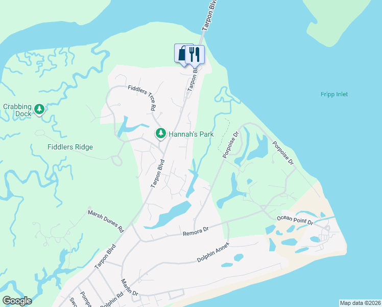 map of restaurants, bars, coffee shops, grocery stores, and more near 118 Sand Piper Run in Saint Helena Island