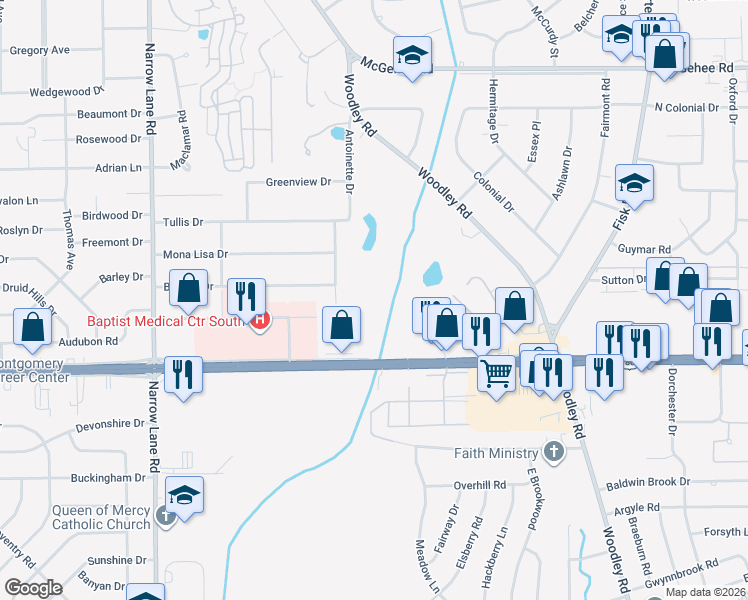map of restaurants, bars, coffee shops, grocery stores, and more near 2125 East South Boulevard in Montgomery
