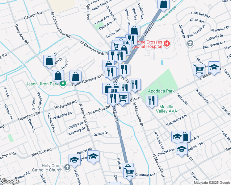 map of restaurants, bars, coffee shops, grocery stores, and more near 2400 North Main Street in Las Cruces