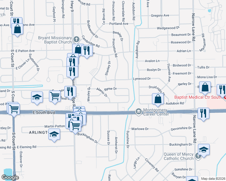 map of restaurants, bars, coffee shops, grocery stores, and more near 3902 Princeton Rd in Montgomery