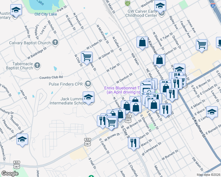 map of restaurants, bars, coffee shops, grocery stores, and more near 509 West Denton Street in Ennis