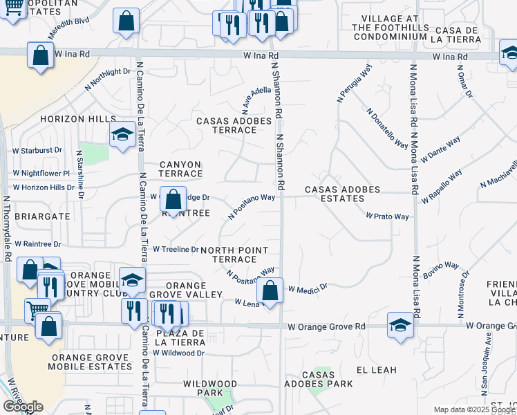 map of restaurants, bars, coffee shops, grocery stores, and more near 2940 West Greenridge Place in Tucson