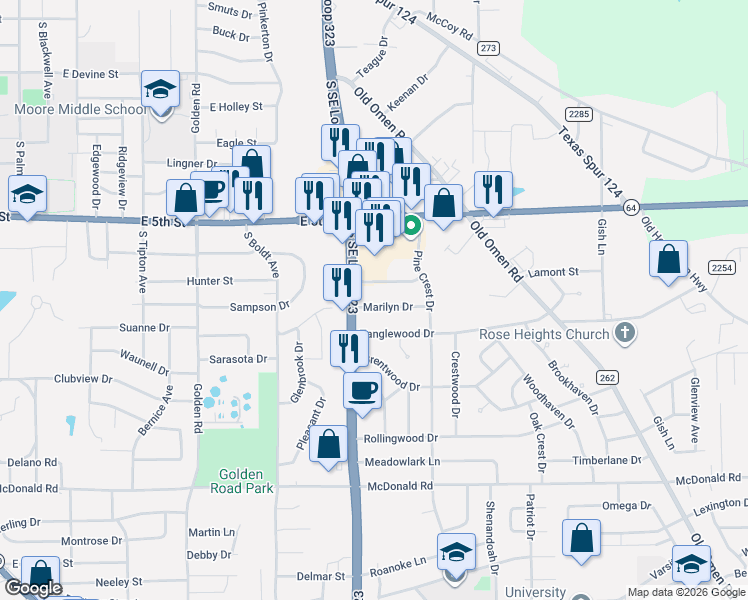 map of restaurants, bars, coffee shops, grocery stores, and more near 2718 Marilyn Drive in Tyler