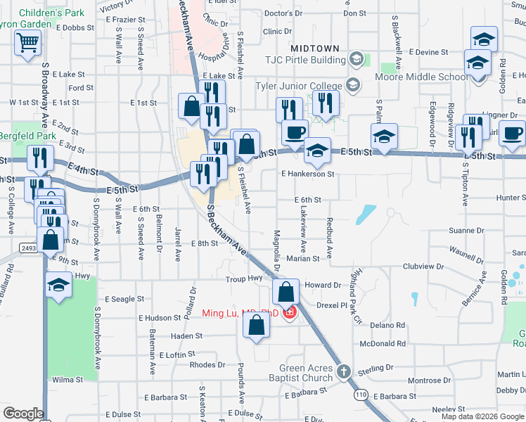 map of restaurants, bars, coffee shops, grocery stores, and more near 1135 East 6th Street in Tyler