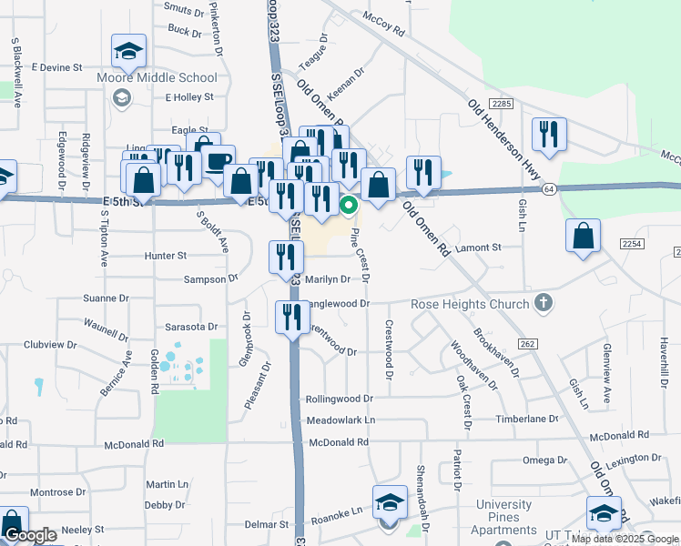 map of restaurants, bars, coffee shops, grocery stores, and more near 2806 Marilyn Drive in Tyler