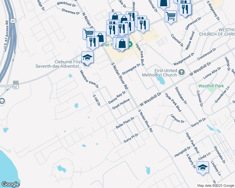 map of restaurants, bars, coffee shops, grocery stores, and more near 1608 Danny Ray in Cleburne