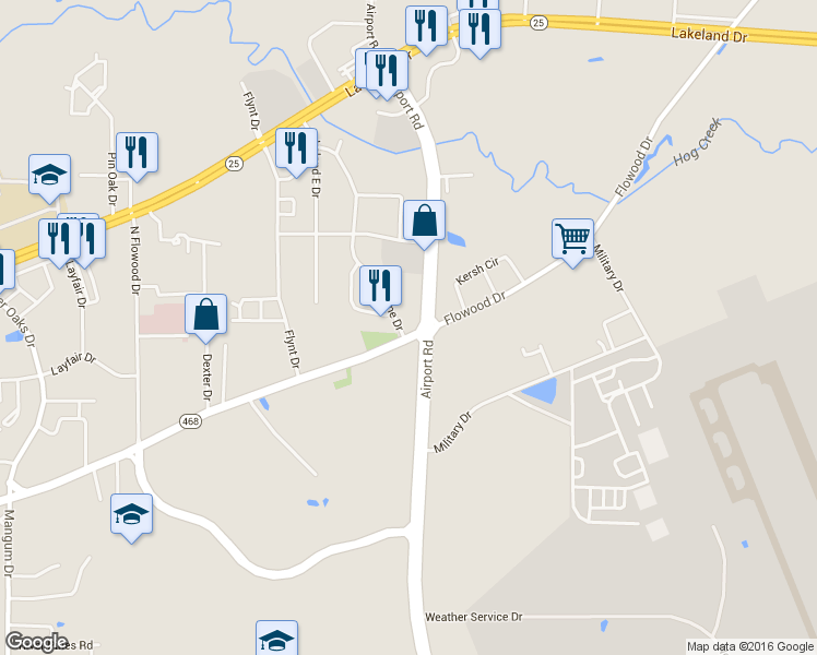 map of restaurants, bars, coffee shops, grocery stores, and more near 1001 Airport Road in Flowood