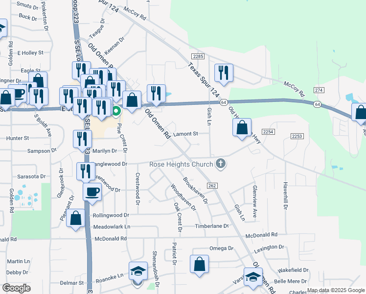 map of restaurants, bars, coffee shops, grocery stores, and more near 1906 Old Omen Rd in Tyler