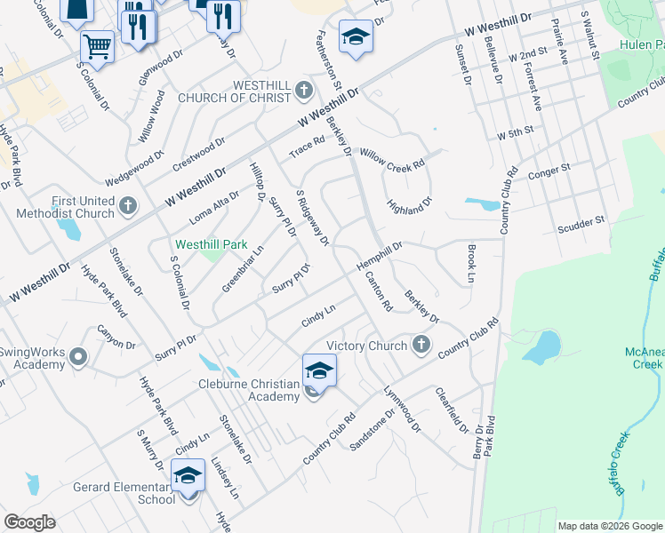map of restaurants, bars, coffee shops, grocery stores, and more near 927 Surry Place Drive in Cleburne