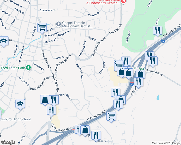 map of restaurants, bars, coffee shops, grocery stores, and more near 123 Cottage Row Drive in Vicksburg