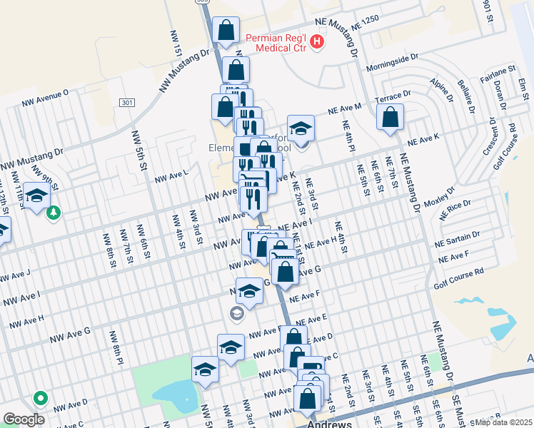 map of restaurants, bars, coffee shops, grocery stores, and more near Northeast Ave J in Andrews
