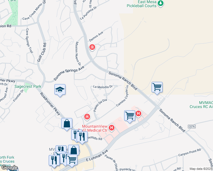 map of restaurants, bars, coffee shops, grocery stores, and more near 601 La Melodia Drive in Las Cruces