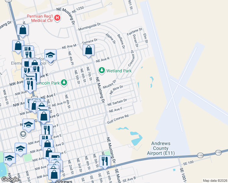 map of restaurants, bars, coffee shops, grocery stores, and more near 616 Rice Dr in Andrews