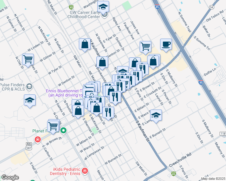 map of restaurants, bars, coffee shops, grocery stores, and more near 106 North Breckenridge Street in Ennis