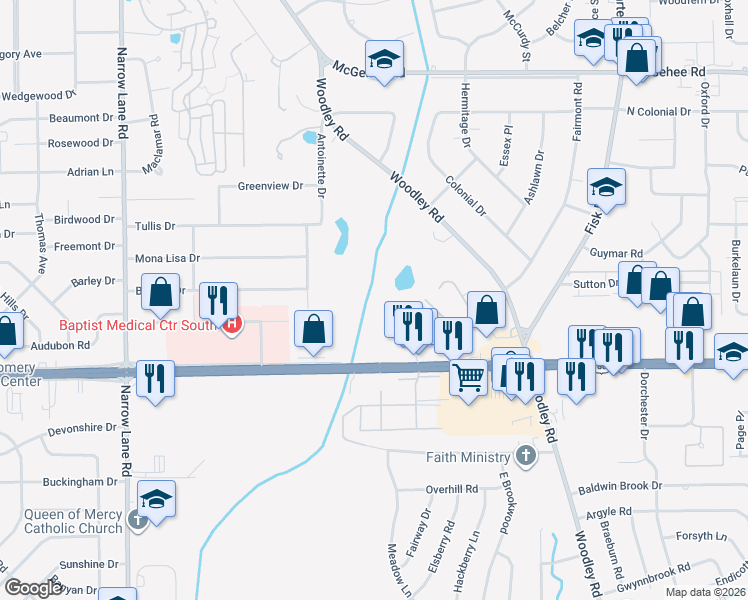 map of restaurants, bars, coffee shops, grocery stores, and more near 2125 East South Boulevard in Montgomery