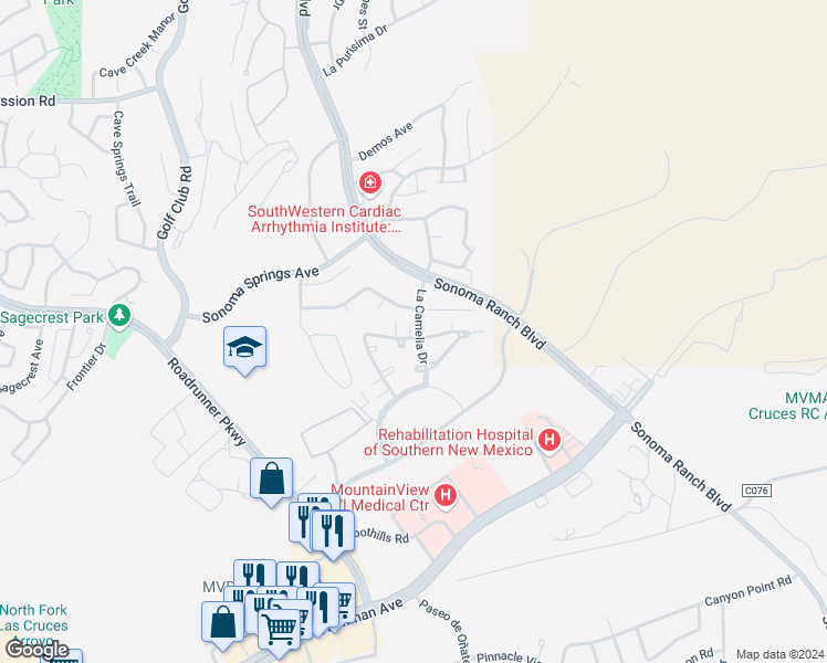map of restaurants, bars, coffee shops, grocery stores, and more near 595 La Melodia Drive in Las Cruces