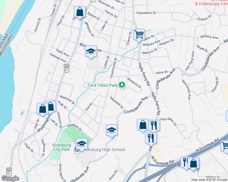 map of restaurants, bars, coffee shops, grocery stores, and more near 3006 Short Cherry St in Vicksburg
