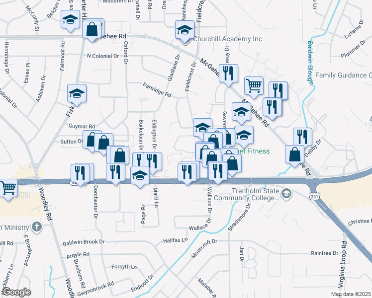map of restaurants, bars, coffee shops, grocery stores, and more near 4020 Fieldcrest Drive in Montgomery