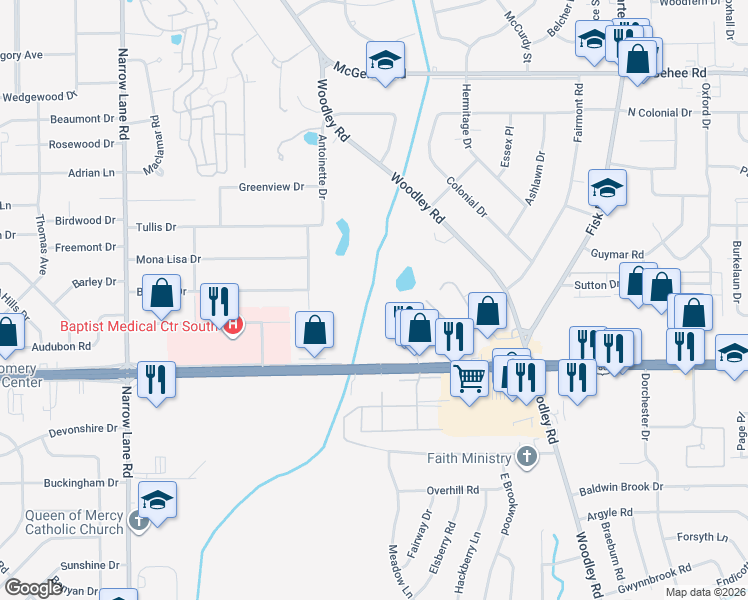 map of restaurants, bars, coffee shops, grocery stores, and more near 2125 East South Boulevard in Montgomery