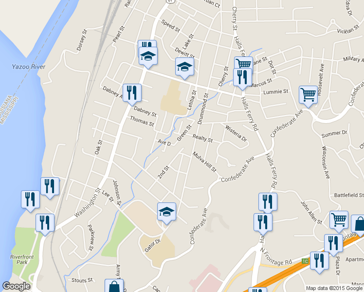 map of restaurants, bars, coffee shops, grocery stores, and more near 3024 2nd St in Vicksburg